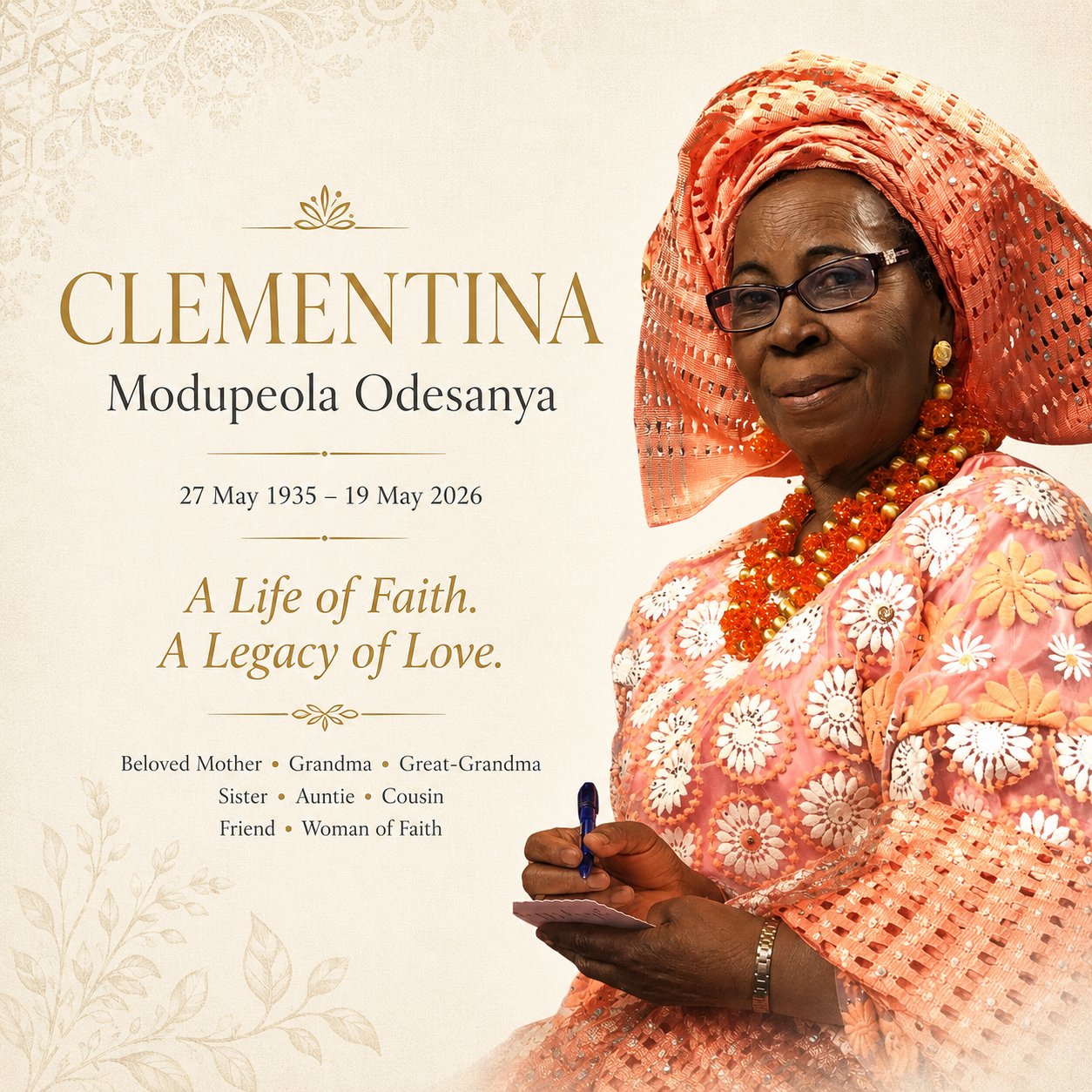Cover of Grandma's Legacy, the commemorative book for Clementina Modupeola Odesanya, with her portrait and the words A Life of Faith, A Legacy of Love
